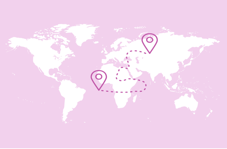 An illustration of a white world map on a pink background with fuchsia map pins