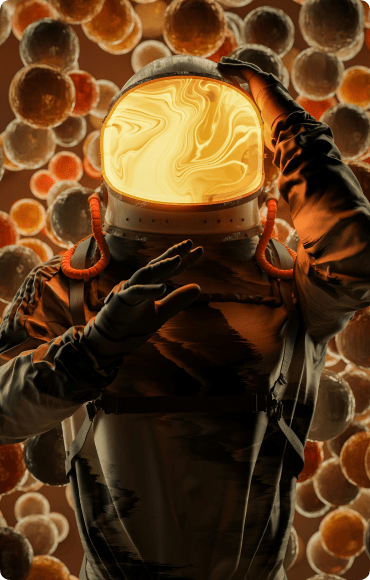 An astronaut floating in an orange space with many orbs. His visor looks like it is glowing like the sun.