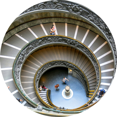 A round image of circular museum stairs