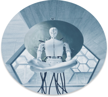 An image of a futuristic robot in a sci fi looking room.