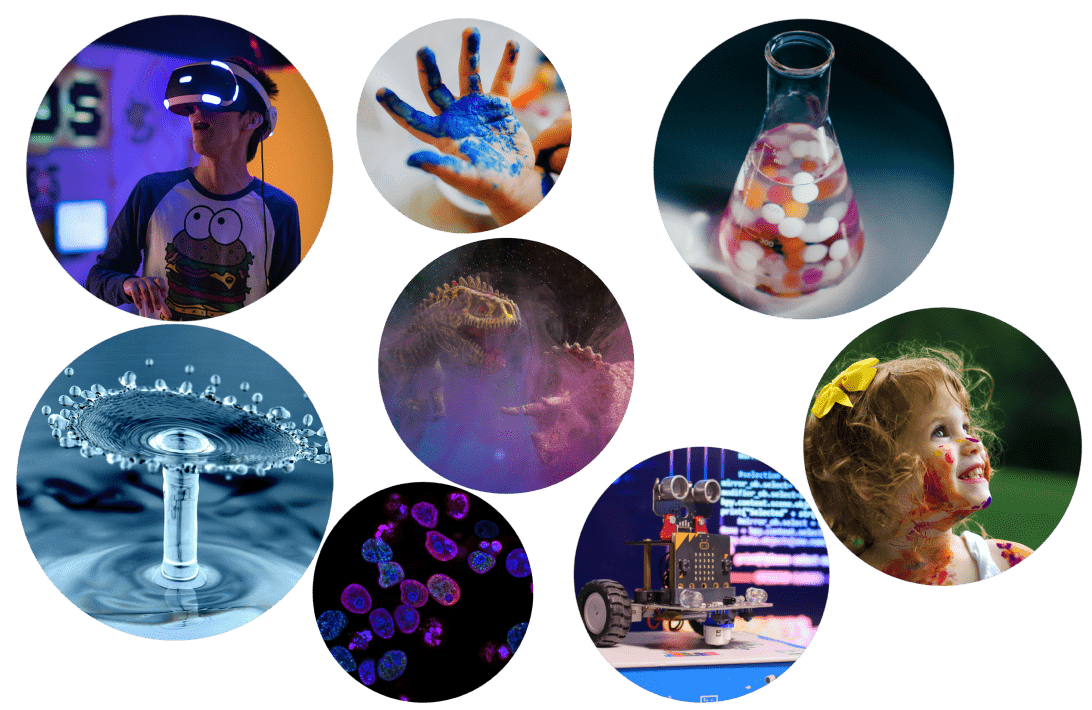 small circle-shaped photographs with different science images. Phials with small balls, a girl with paint on her face smiling, dinosaurs, a guy with a VR headset on having fun, a cute robot and water in motion.